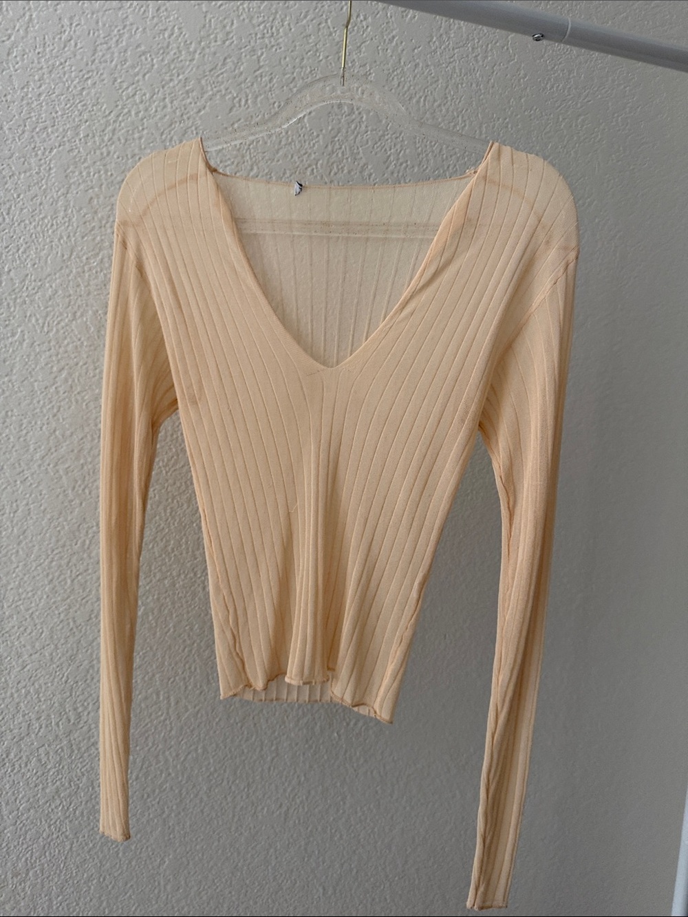 Zara V-Neck Sheer Nude Long-Sleeve Top, slightly cropped